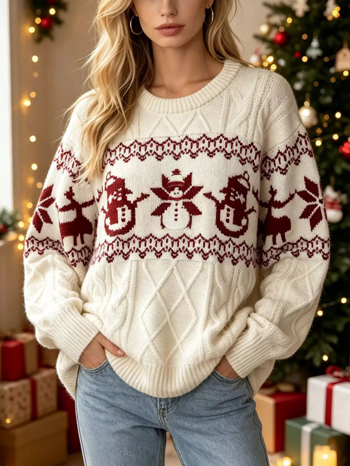 Christmas Snowman Pattern Cable Knit Sweater by Trendsi