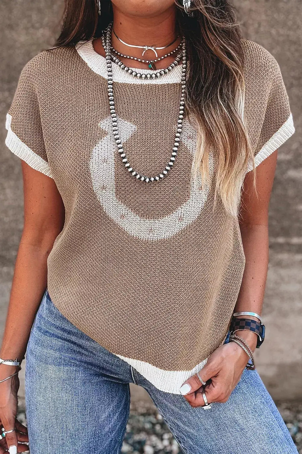 Horse Shoe Pattern Contrast Trim Short Sleeve Sweater by Trendsi