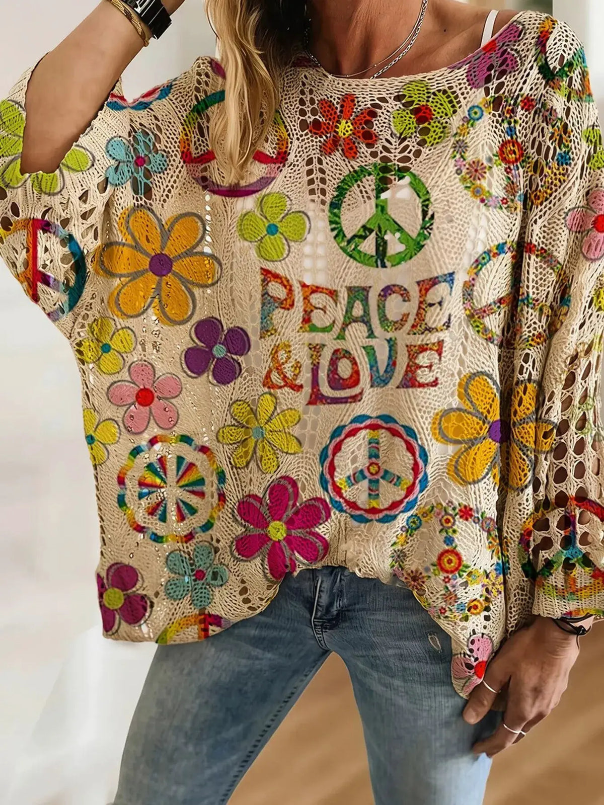 Boho Chic Peace & Love Print Crochet Knit Top by Trendsi