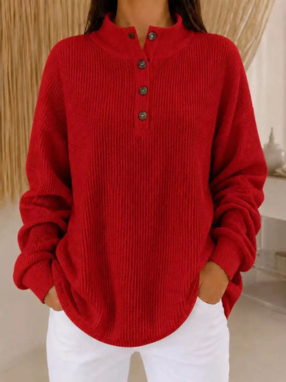 Full Size Waffle Knit Button Detail Sweatshirt Plus Size by Trendsi