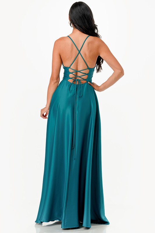 open side back spaghetti zig zag tie satin gown