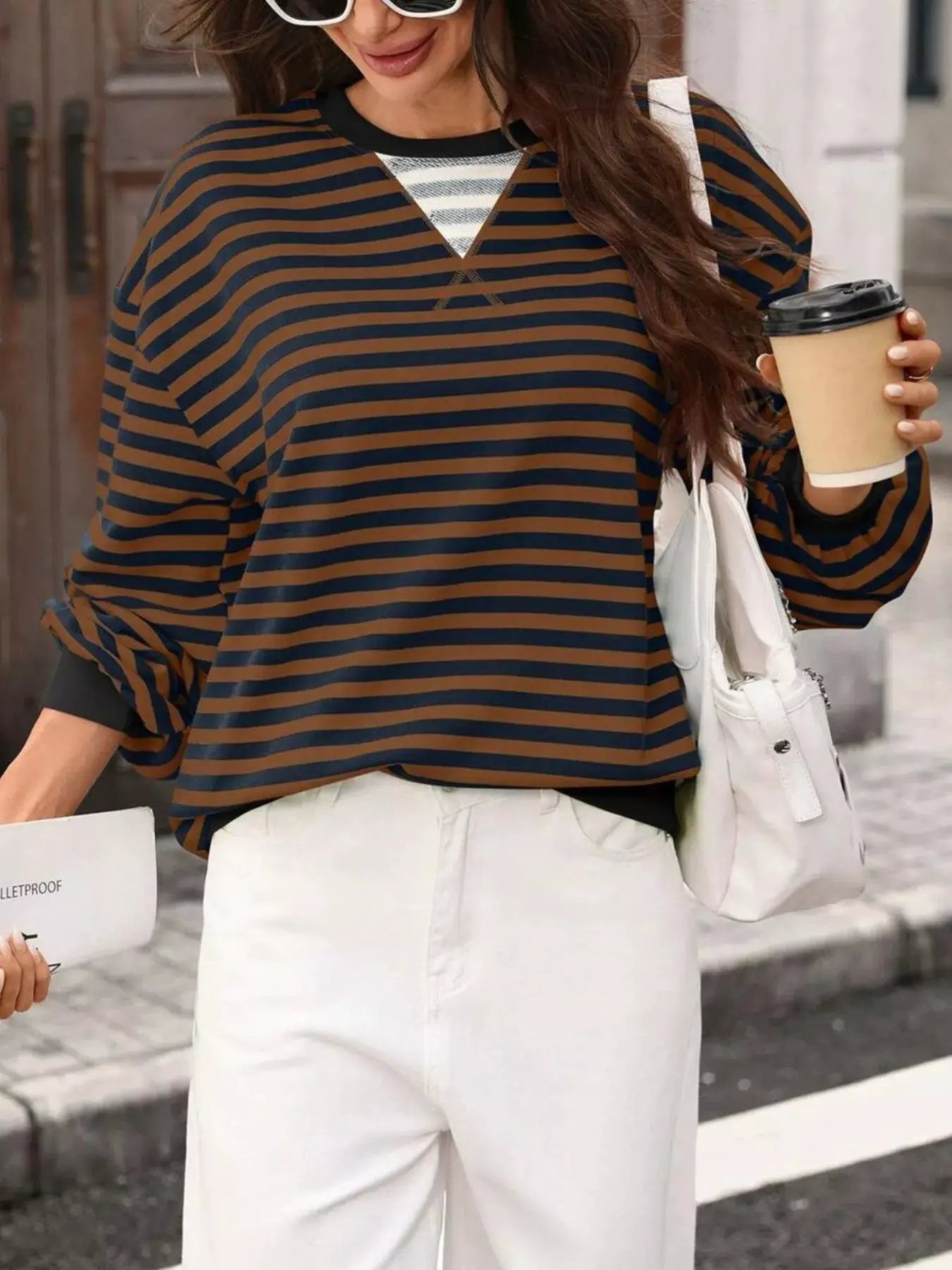 Contrast Trim Striped Crew Neck Sweatshirt by Trendsi