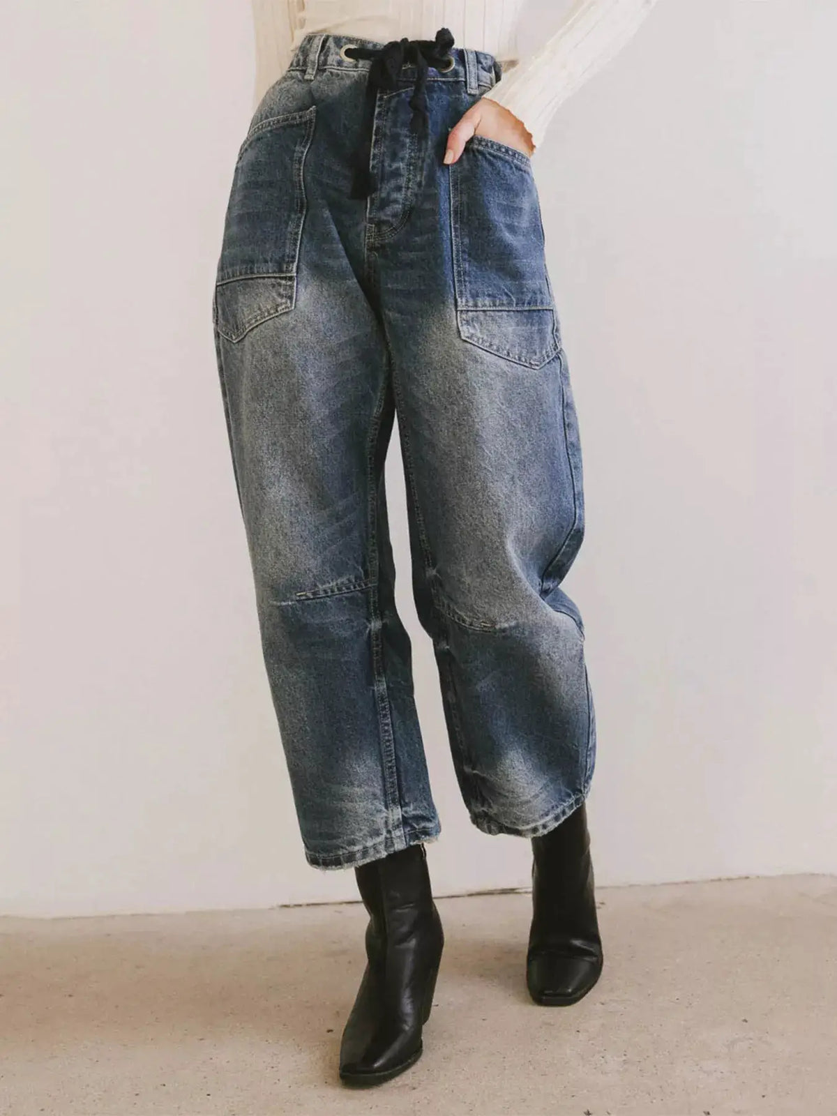 Drawstring Wide Leg Cropped Jeans by Trendsi