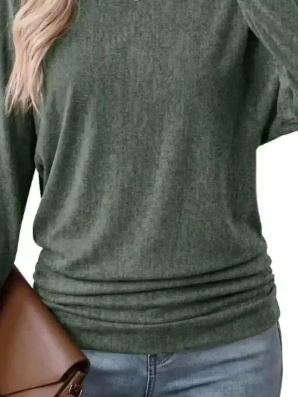 Long Sleeve Crew Neck Casual T-Shirt with Ruched Hem by Trendsi