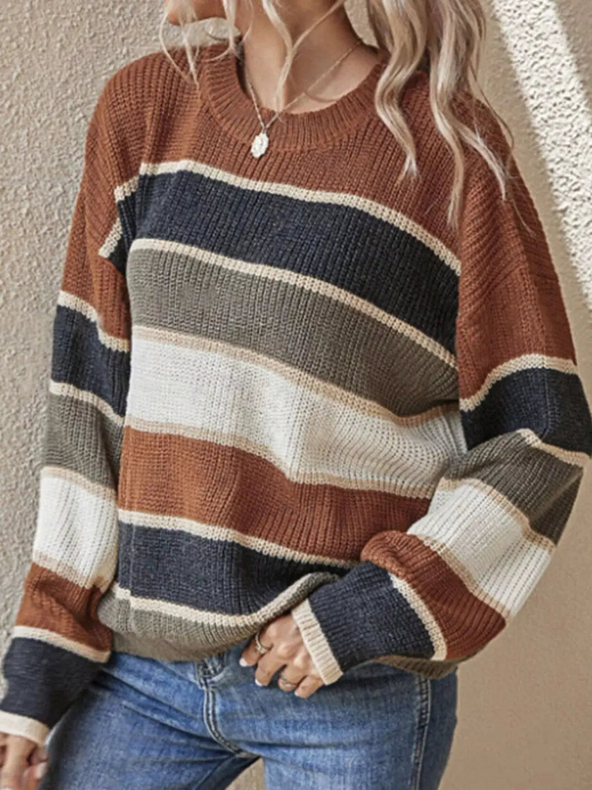 Color Block Striped Crew Neck Sweater by Trendsi