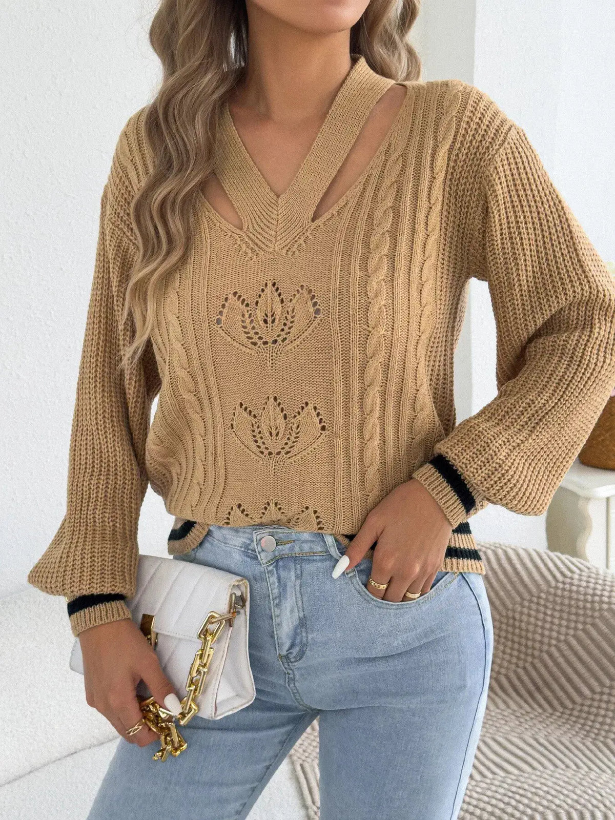 Cutout Cable Knit Sweater by Trendsi