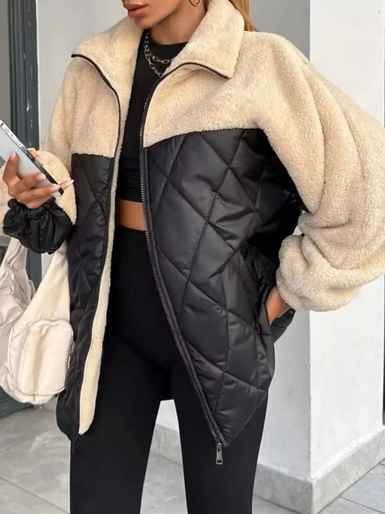 Color-Block Sherpa and Quilted Puffer Outerwear by Trendsi