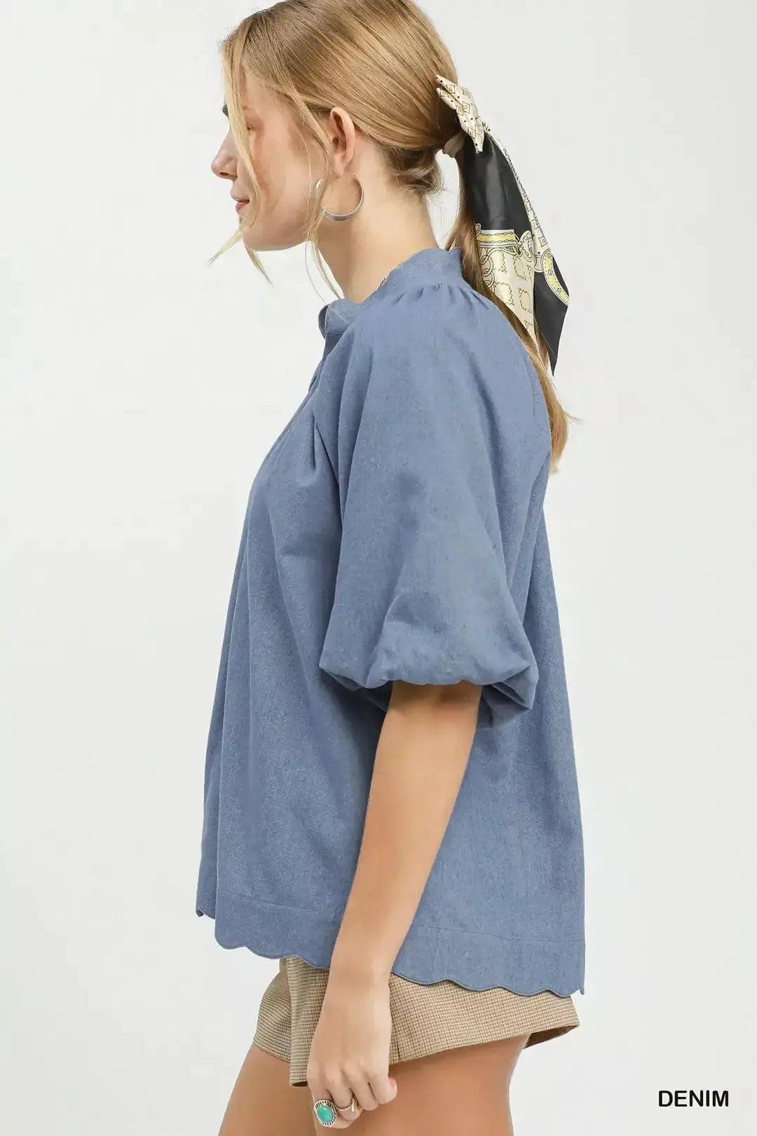 Umgee Chambray Scallop Hem Puff Sleeve Top by Trendsi