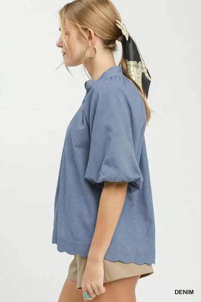 Umgee Chambray Scallop Hem Puff Sleeve Top by Trendsi