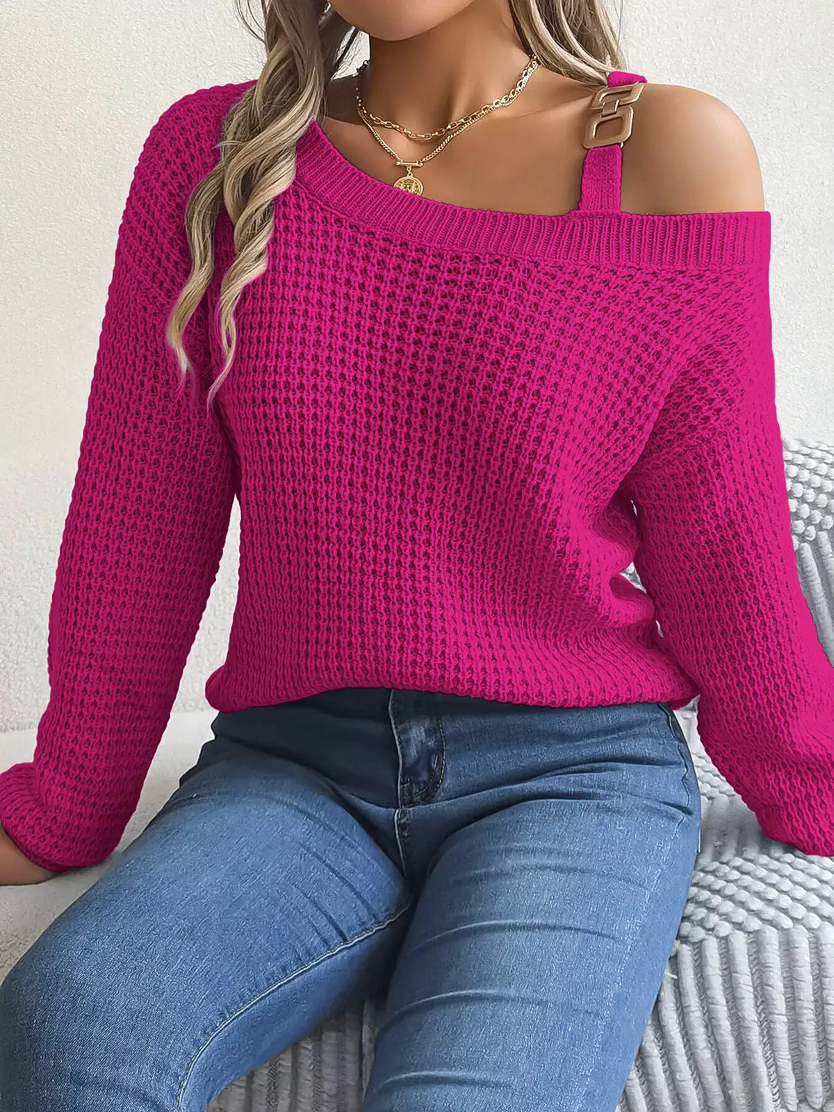 Asymmetrical Neck Long Sleeve Sweater by Trendsi