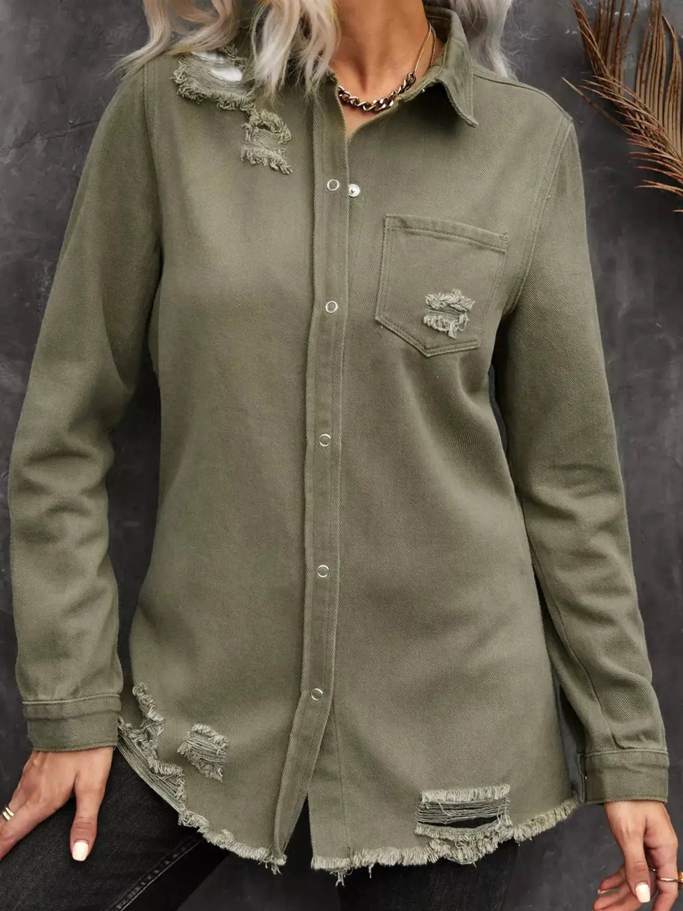 Raw Hem Distressed Denim Shirt Jacket by Trendsi