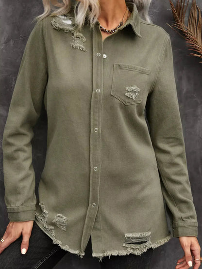 Raw Hem Distressed Denim Shirt Jacket by Trendsi