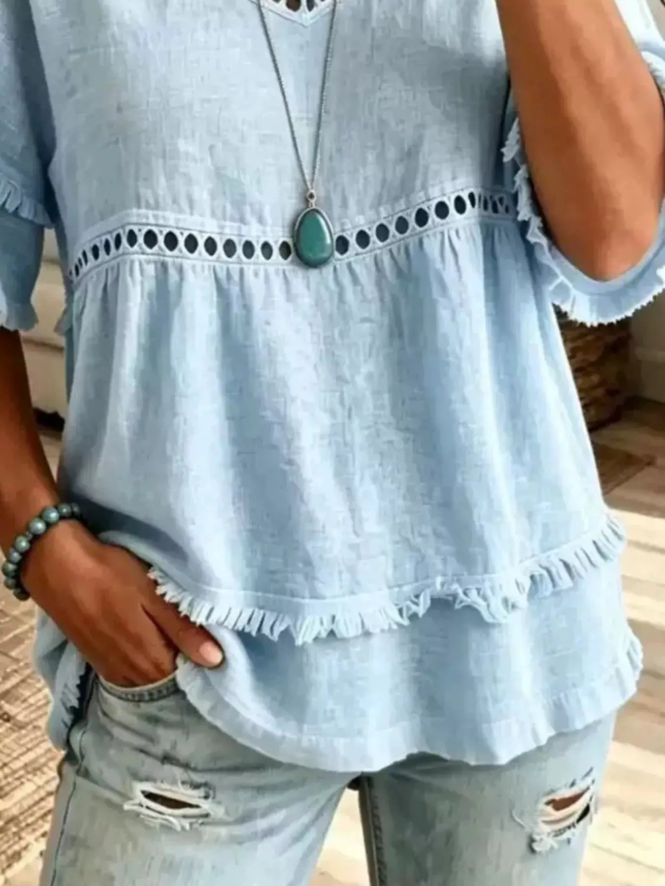 Eyelet V-Neck Frayed Edge T-Shirt by Trendsi