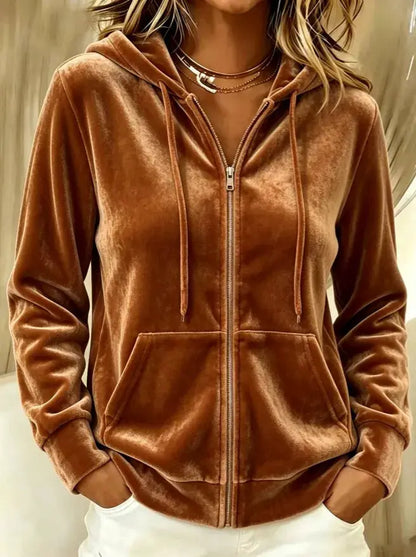 Full Size Velvet Zip-Up Hoodie with Drawstring Plus Size by Trendsi