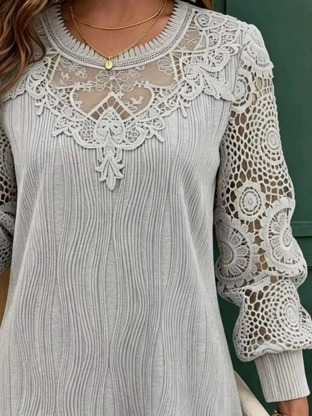 Lace Patchwork Long Sleeve Blouse by Trendsi