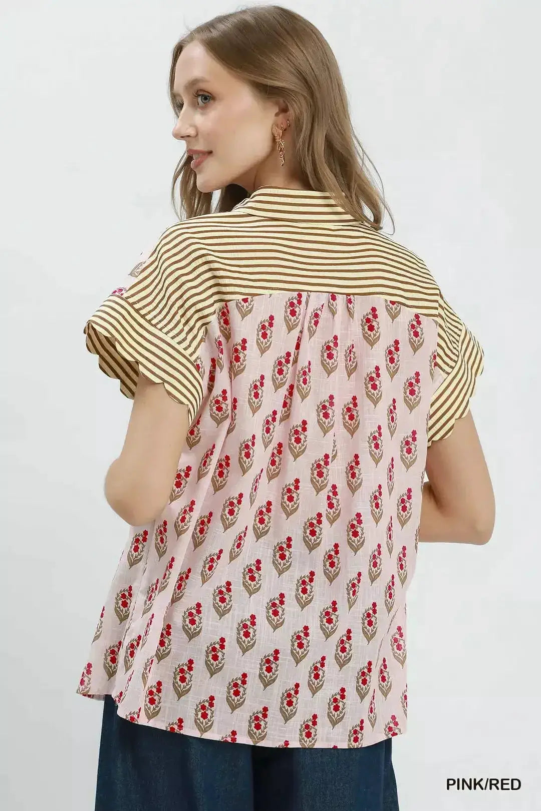 Umgee Block Print Button-Front Shirt with Contrast Stripe Point Collar by Trendsi