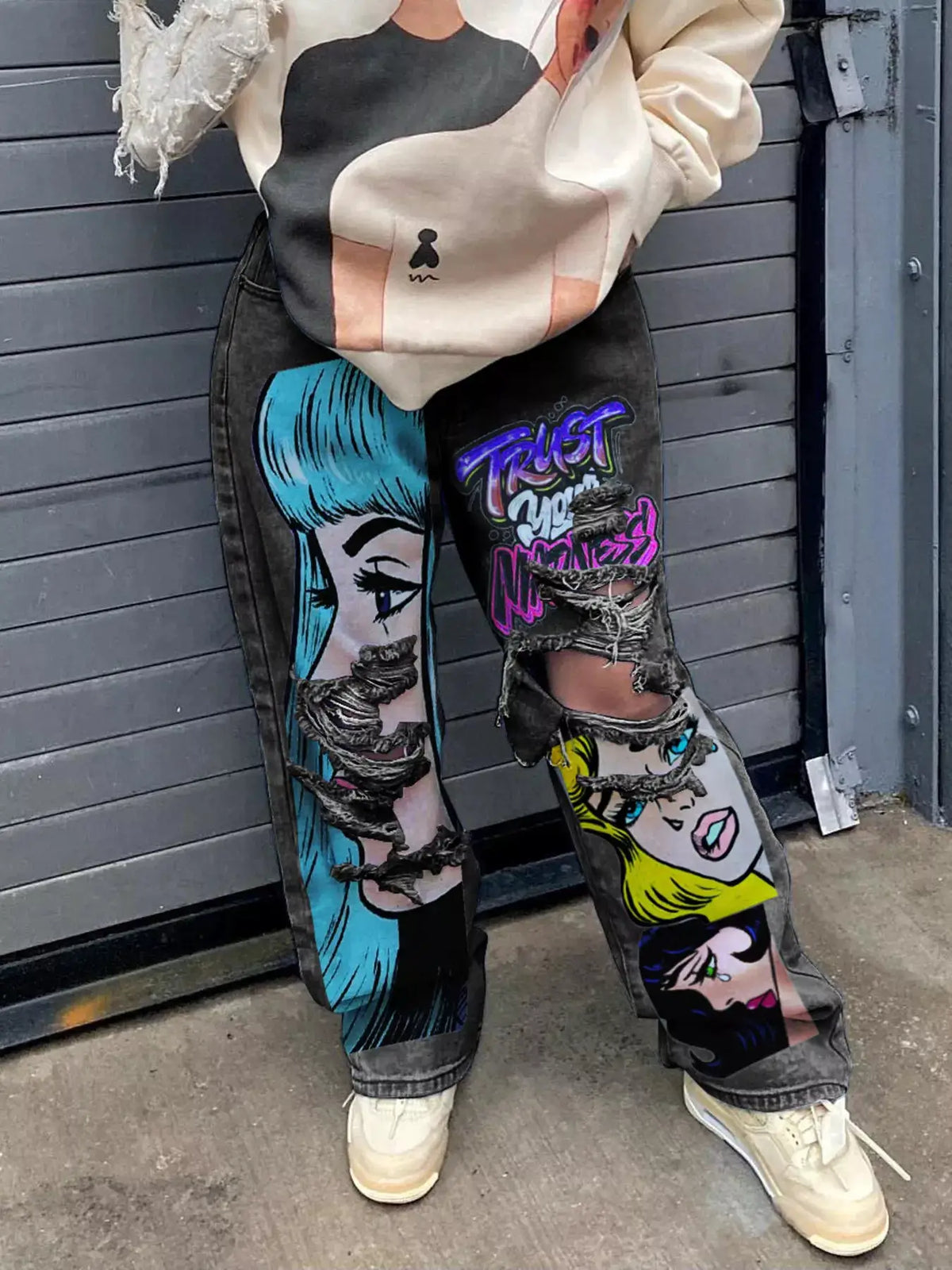 Full Size Pop Art Graphic Distressed Wide-Leg Jeans Plus Size by Trendsi