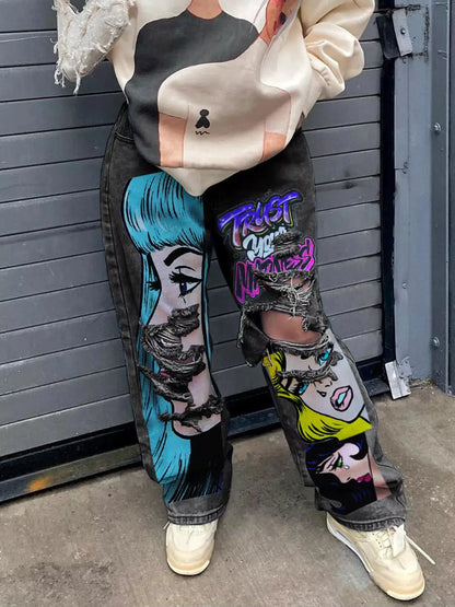 Full Size Pop Art Graphic Distressed Wide-Leg Jeans Plus Size by Trendsi