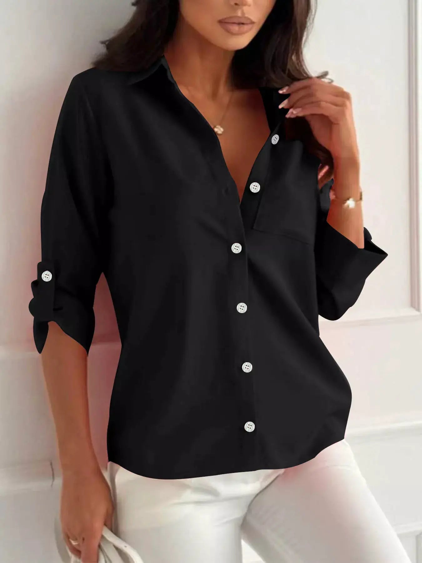 Button-Down Roll-Up Sleeve Shirt by Trendsi