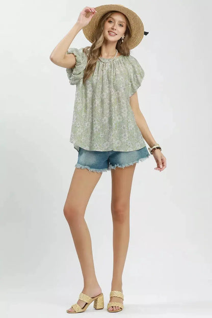 Umgee Floral Puff Sleeve Blouse by Trendsi
