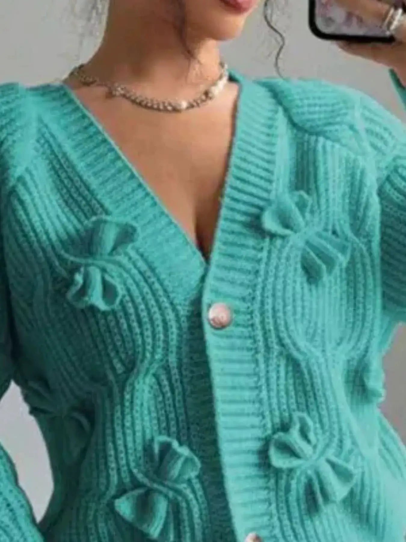 Bow Cable Knit V-Neck Cardigan by Trendsi