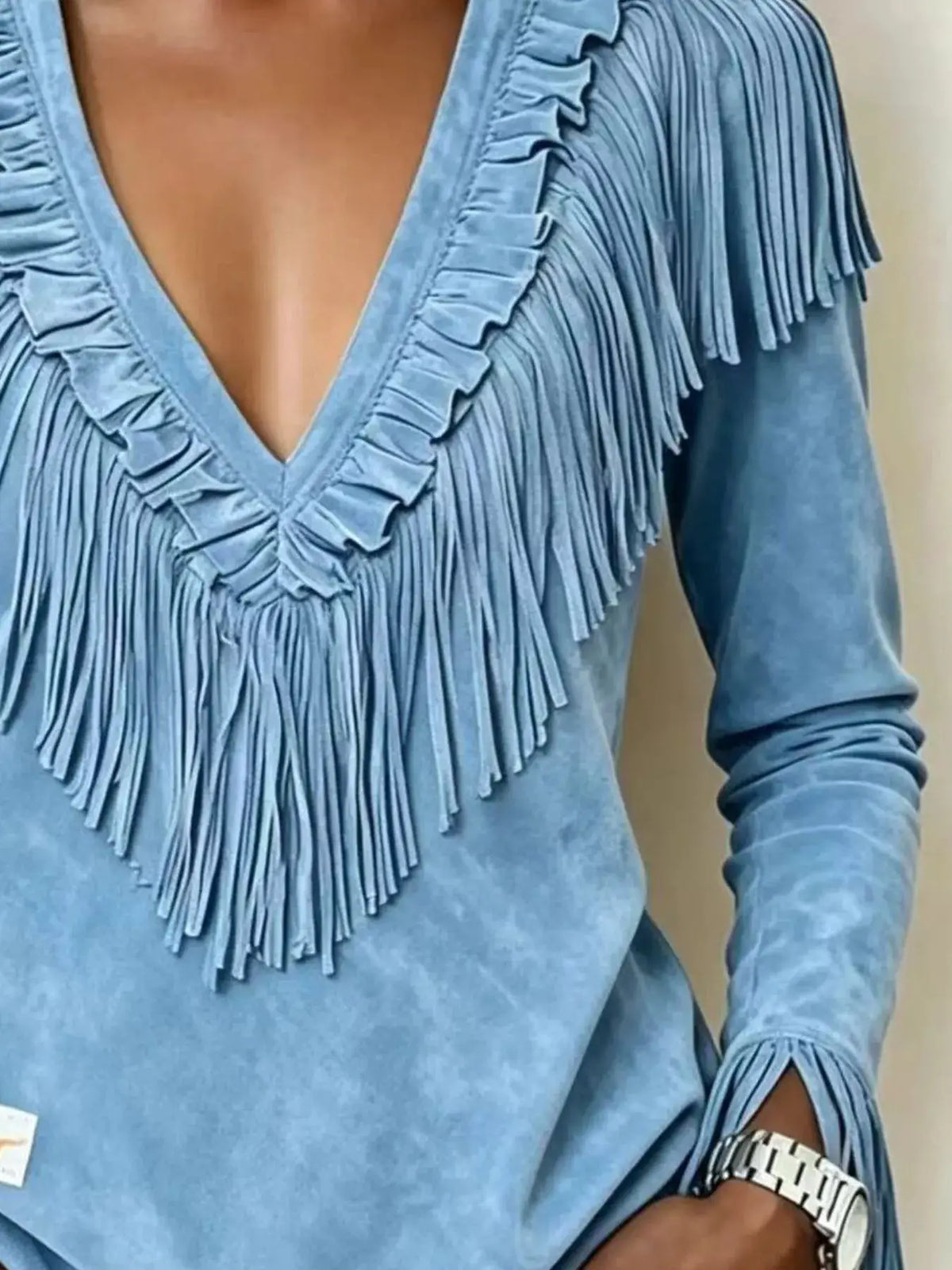 Fringed V-Neck Blouse by Trendsi