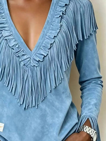 Fringed V-Neck Blouse by Trendsi