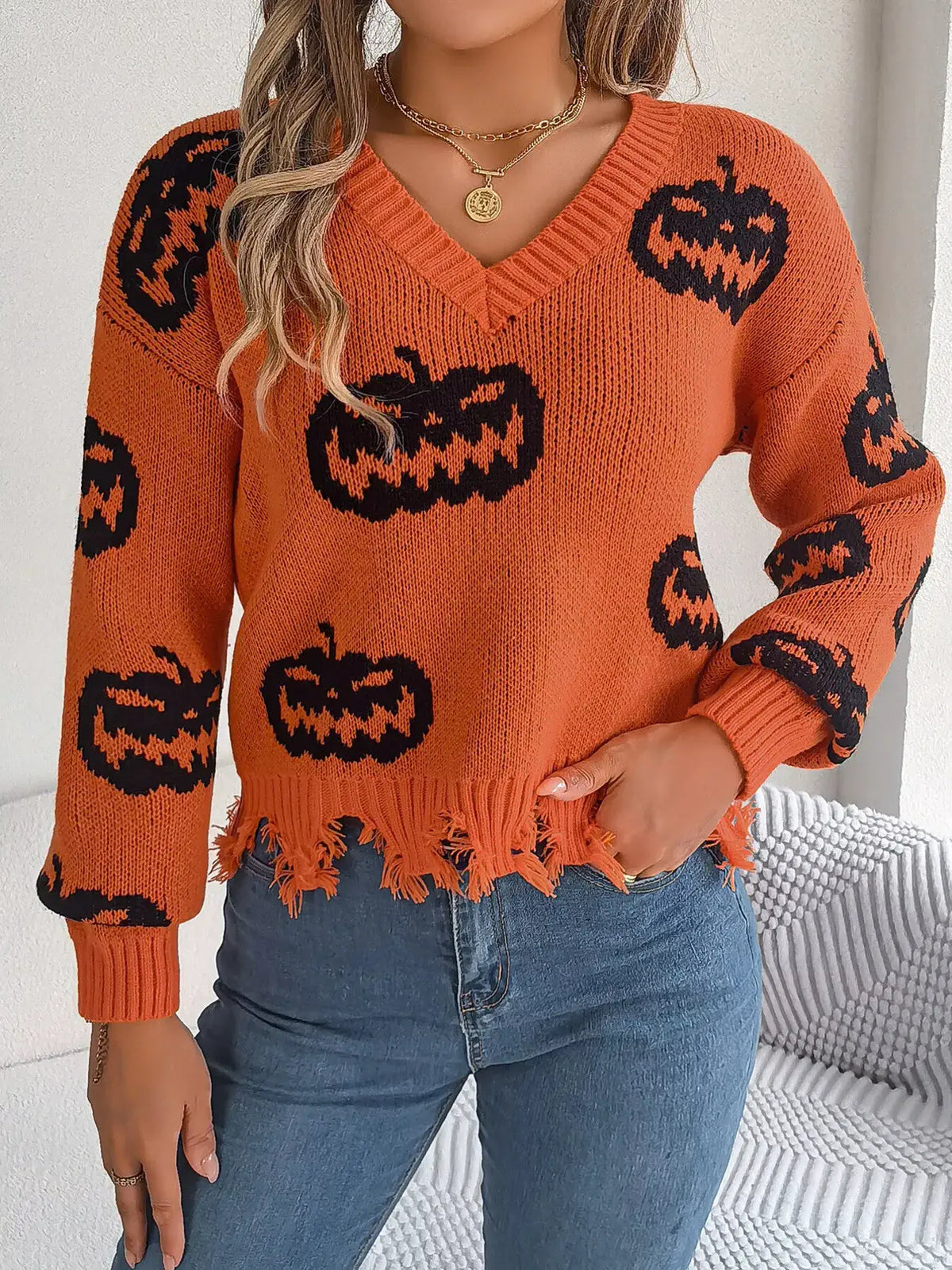 Pumpkin Distressed Hem Sweater by Trendsi