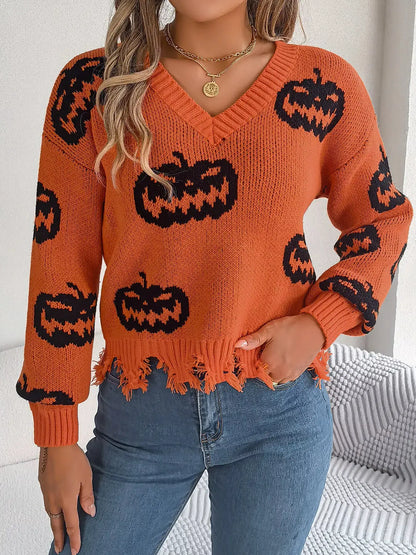 Pumpkin Distressed Hem Sweater by Trendsi