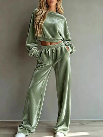 Full Size Cropped Sweatshirt and Wide-Leg Pants Set Plus Size by Trendsi
