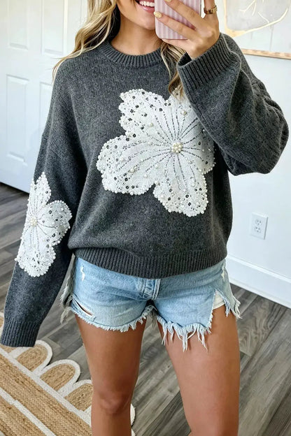 Pearl Embellished Floral Dropped Shoulder Sweater by Trendsi
