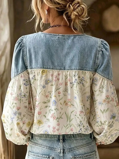 Full Size Denim Patchwork Floral Denim Top Plus Size by Trendsi