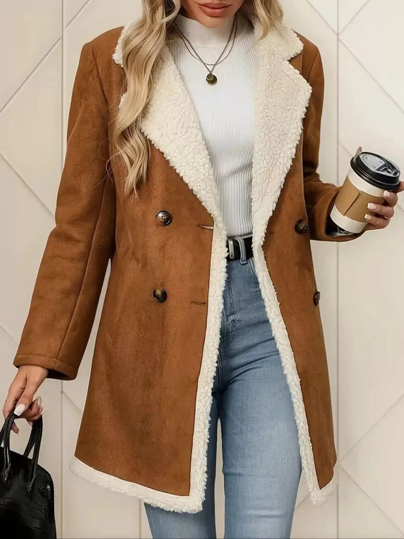 Double-Breasted Suede Outerwear by Trendsi