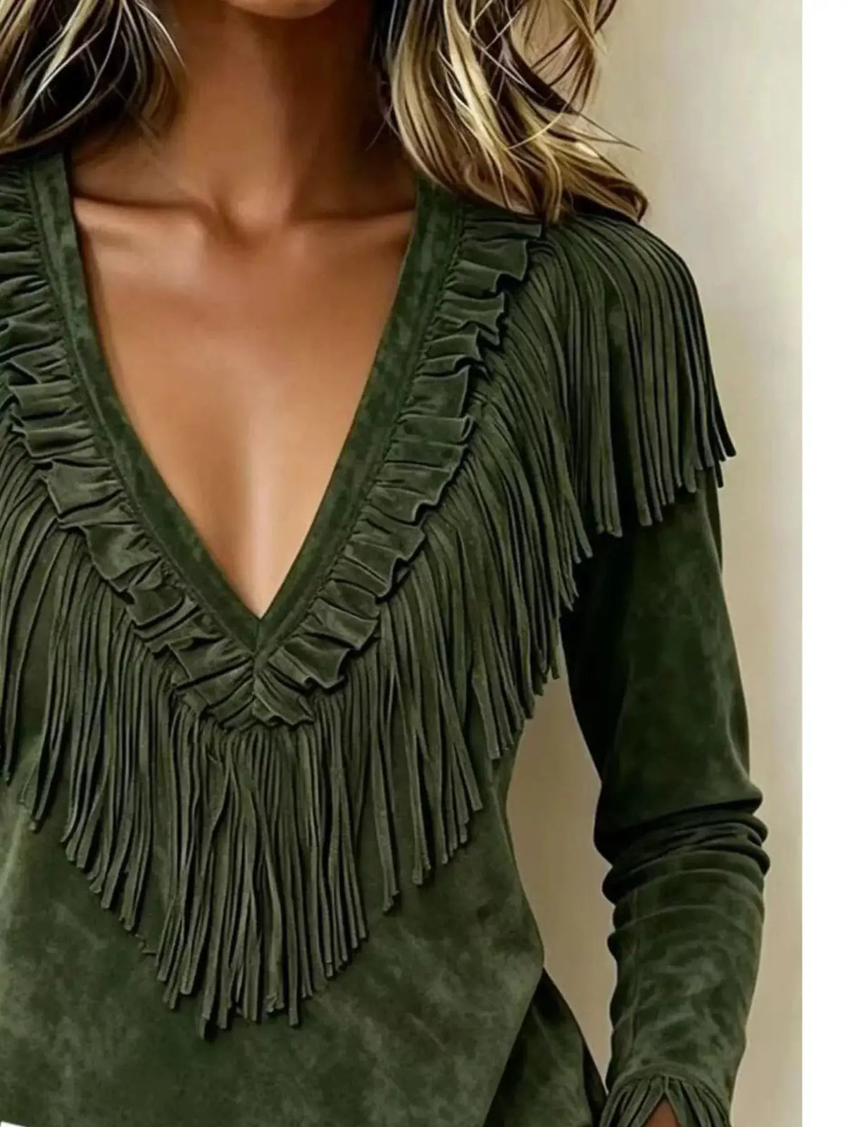 Fringed V-Neck Blouse by Trendsi