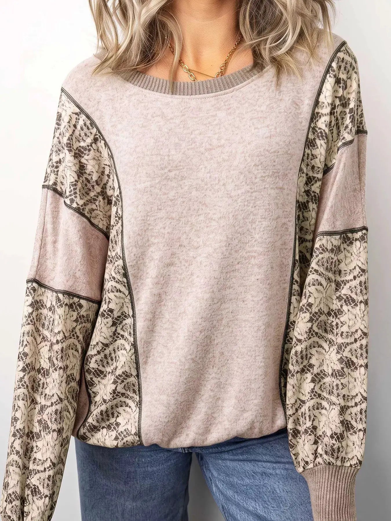 Floral Print Round Neck Long Sleeve Shift Top by Trendsi