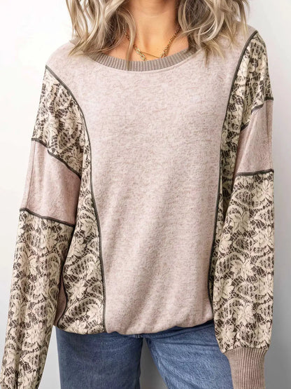 Floral Print Round Neck Long Sleeve Shift Top by Trendsi