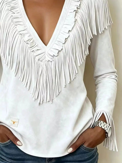 Fringed V-Neck Blouse by Trendsi