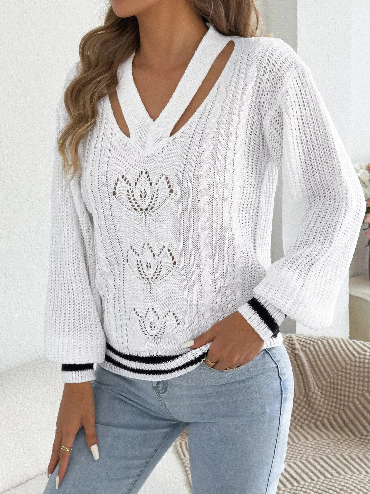 Cutout Cable Knit Sweater by Trendsi