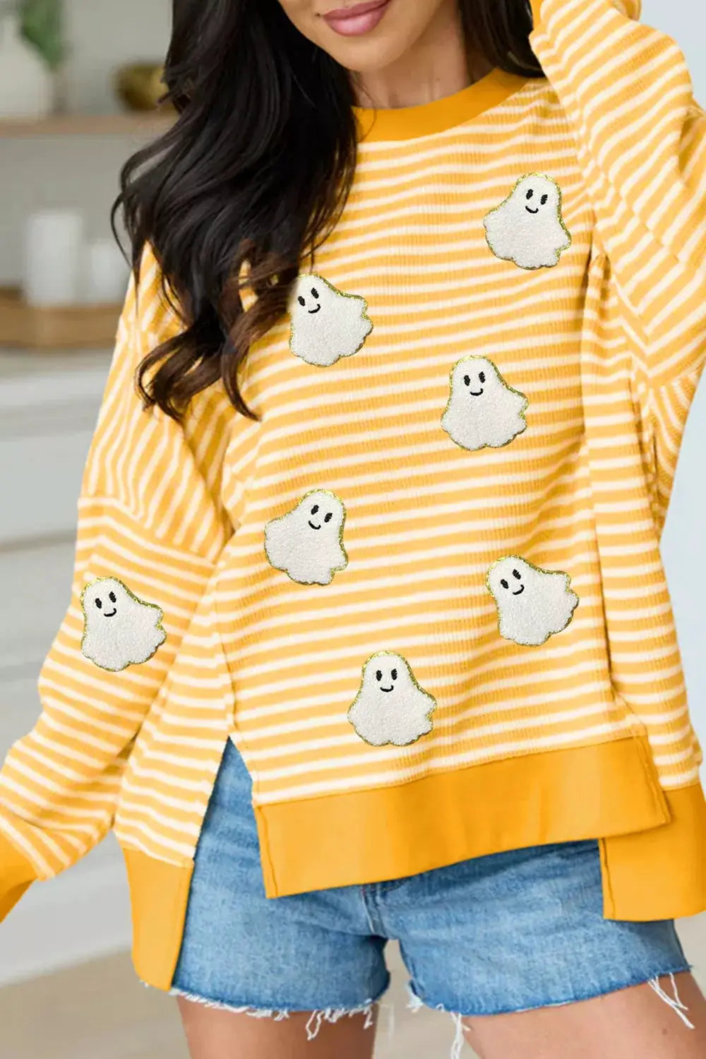 Stripe Halloween Ghost Patch Round Neck Long Sleeve Top by Trendsi