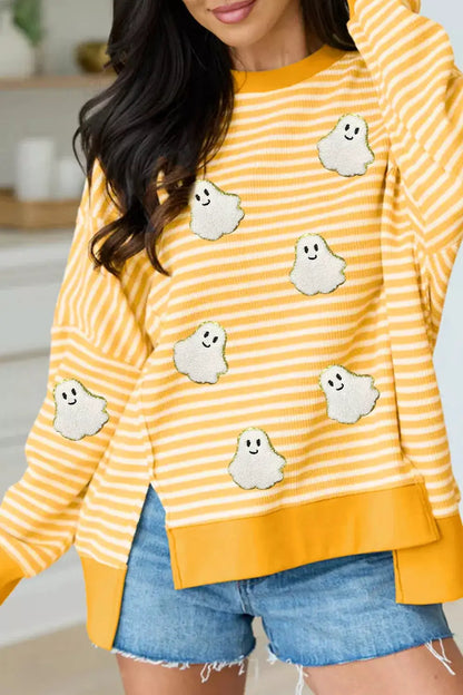 Stripe Halloween Ghost Patch Round Neck Long Sleeve Top by Trendsi