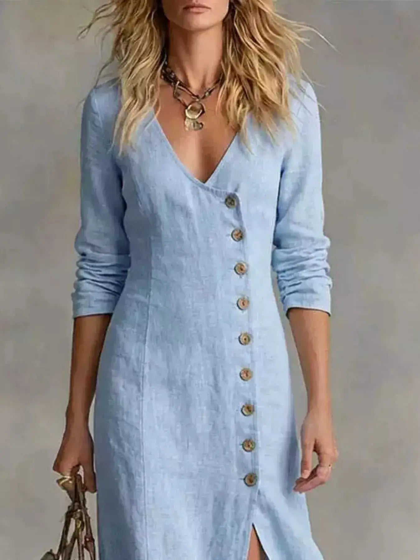 Slit Button-Down Midi Dress by Trendsi
