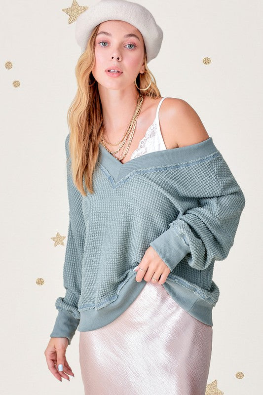 Oversized V neck Waffle Top