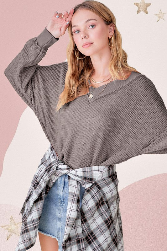 Oversized V neck Waffle Top