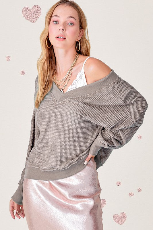 Oversized V neck Waffle Top