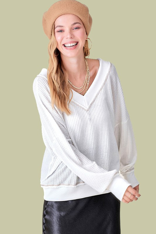 Oversized V neck Waffle Top