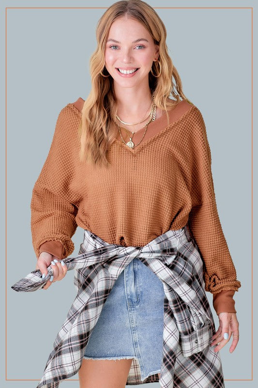 Oversized V neck Waffle Top