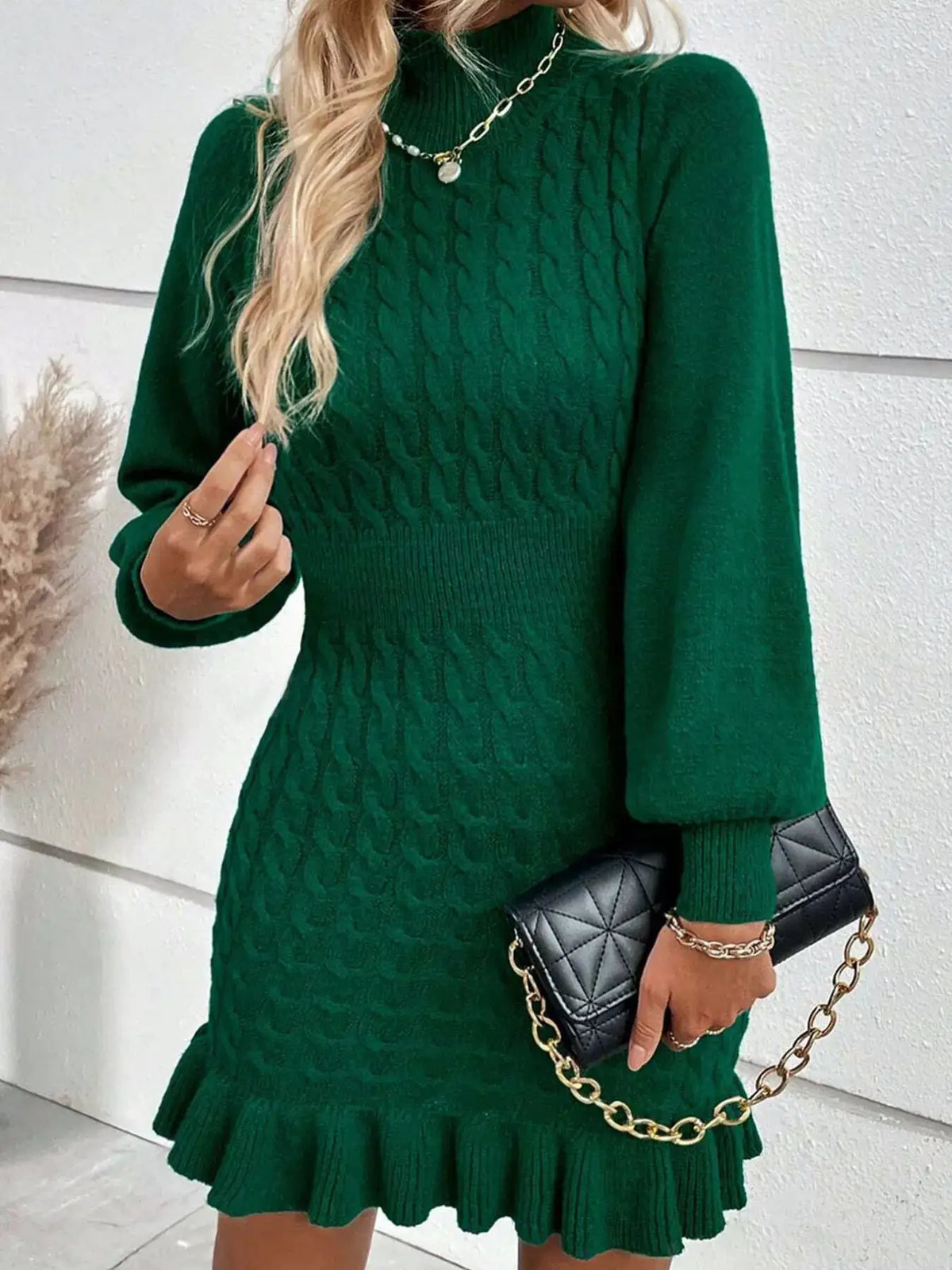 Cable Knit Mock Neck Ruffle Hem Sweater Dress by Trendsi
