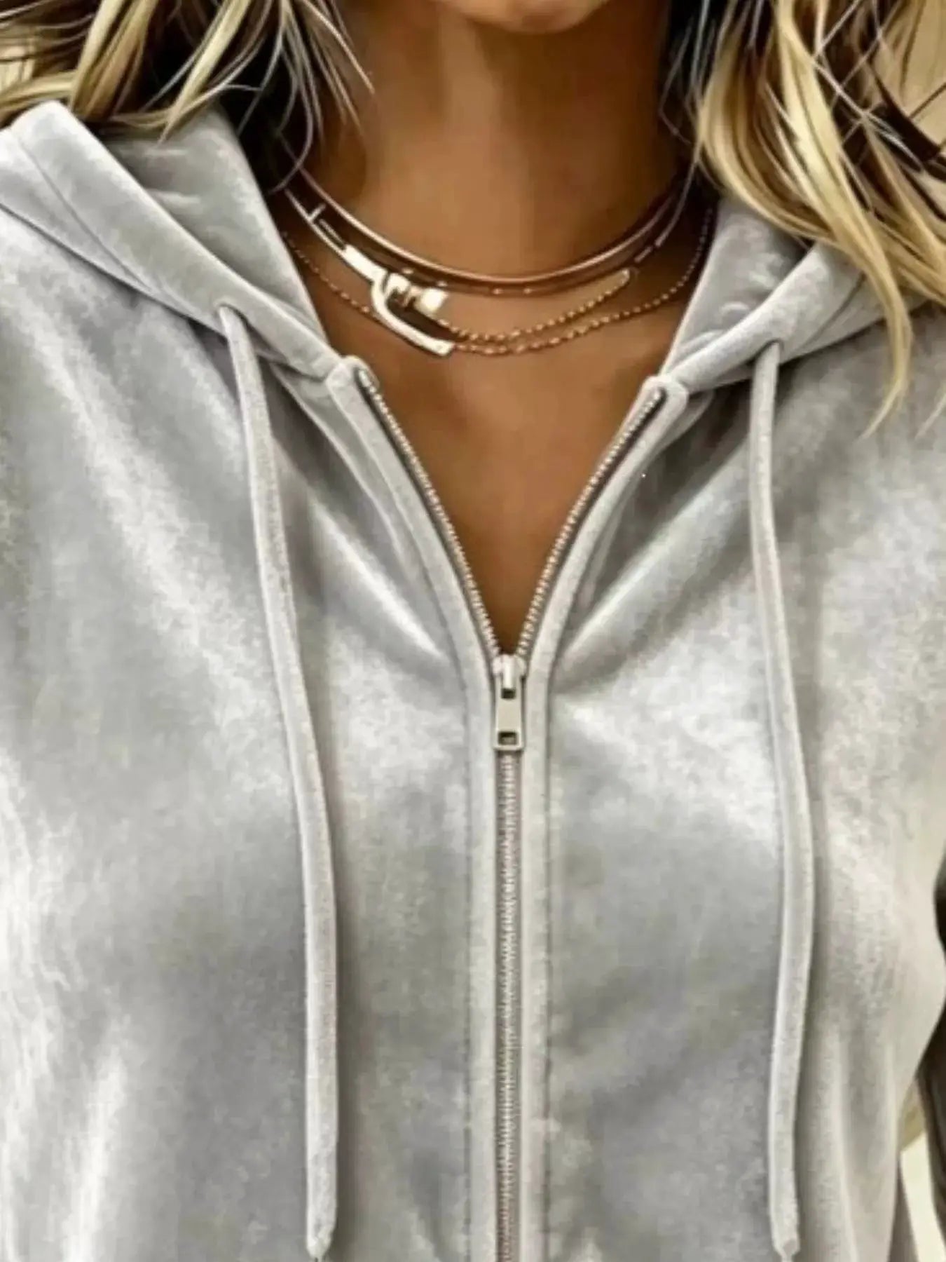 Full Size Velvet Zip-Up Hoodie with Drawstring Plus Size by Trendsi