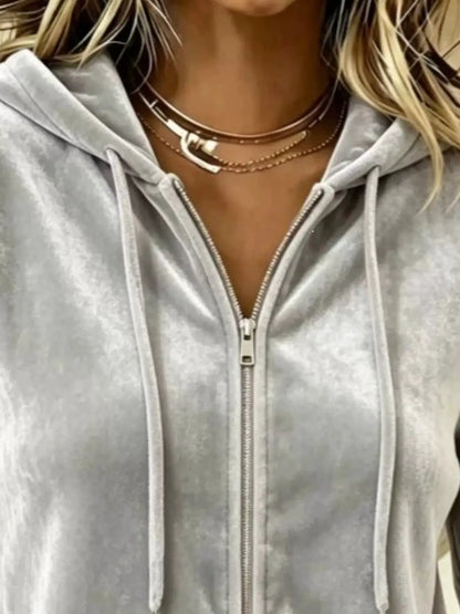 Full Size Velvet Zip-Up Hoodie with Drawstring Plus Size by Trendsi