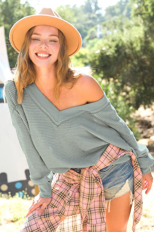 Oversized V neck Waffle Top